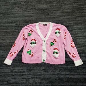 33 Degrees Size L Pink 3D Festive Holiday Santa Button Up Cardigan Sweater